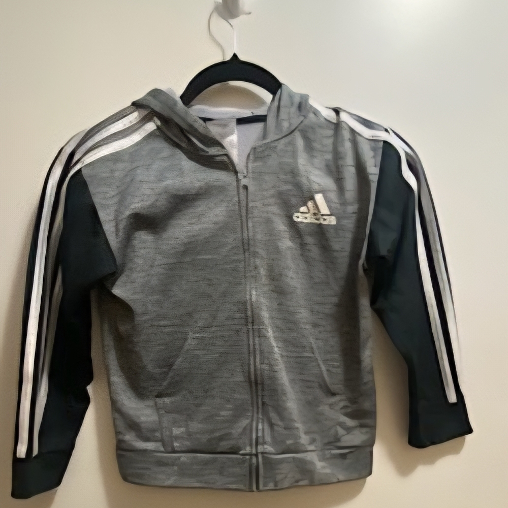 adidas Gray Hoodie with Black Sleeves and White Stripes - Kids Zip